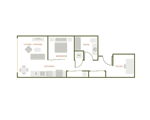 Floor plan for 1 bed, 1 bath, 634 sqft